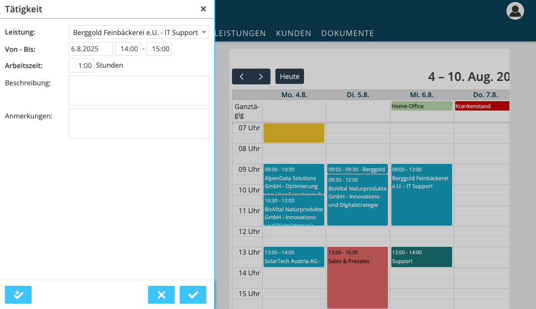 jobstaGO Zeiterfassung im Kalender